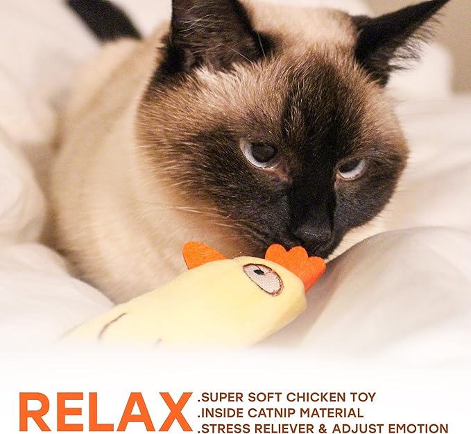 Interactive Cat Toy, A Chicken Catnip Toy and Pink & Green Plush Cat Teaser Wand Toys - Funny, Entertaining, and Stimulating Indoor Cats and Kittens Toys, 3-Piece Set