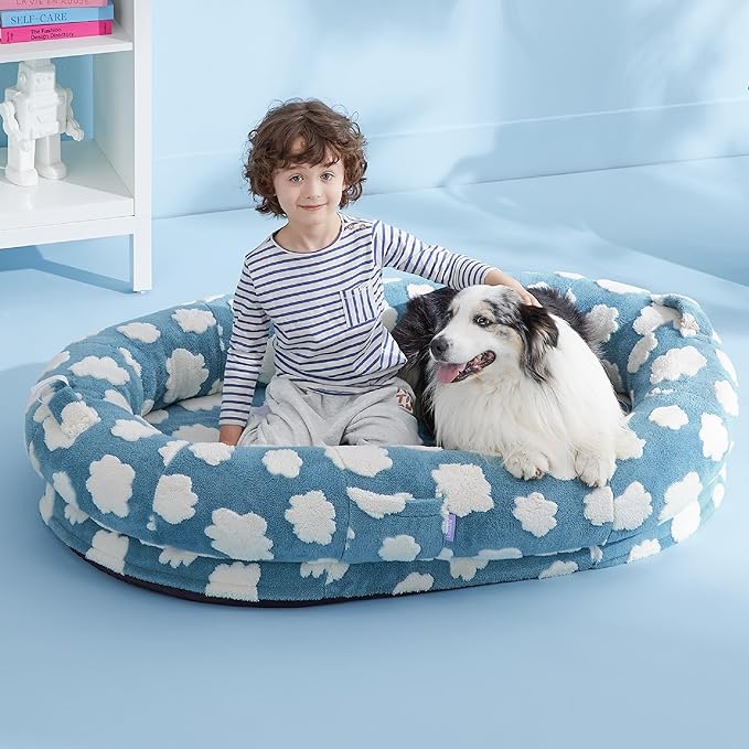LE SURE Human Dog Bed for Adult - Calming Human Size Dog Bed with Egg Foam Supportive Mat and Storage Pocket, Cute Modern Pet Beds with Jacquard Shaggy Plush & Anti Slip Bottom 55x37x10, Blue