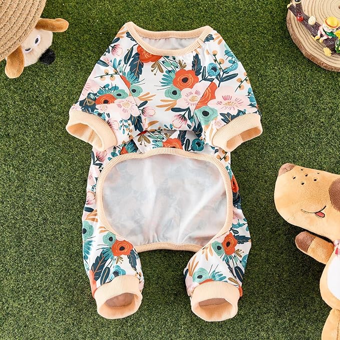 Dog Pajamas Onesie for Small & Medium Dogs - Polyester, Cozy, Wrinkle-Resistant Four-Legged Apparel (Floral, Large)