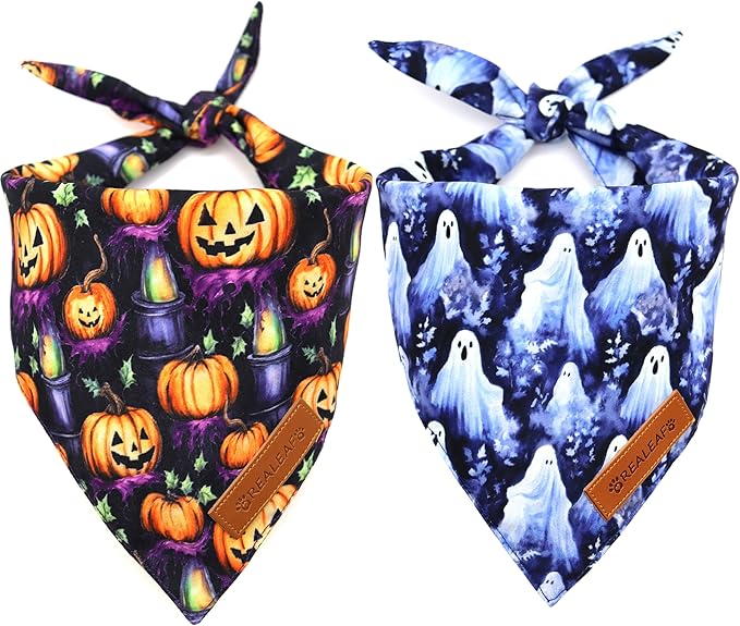 Realeaf Halloween Dog Bandanas 2 Pack, Pumpkins and Ghosts Pet Scarf for Boy and Girl, Premium Durable Fabric, Holiday Bandana for Large and X-Large Dogs Pets (X-Large)