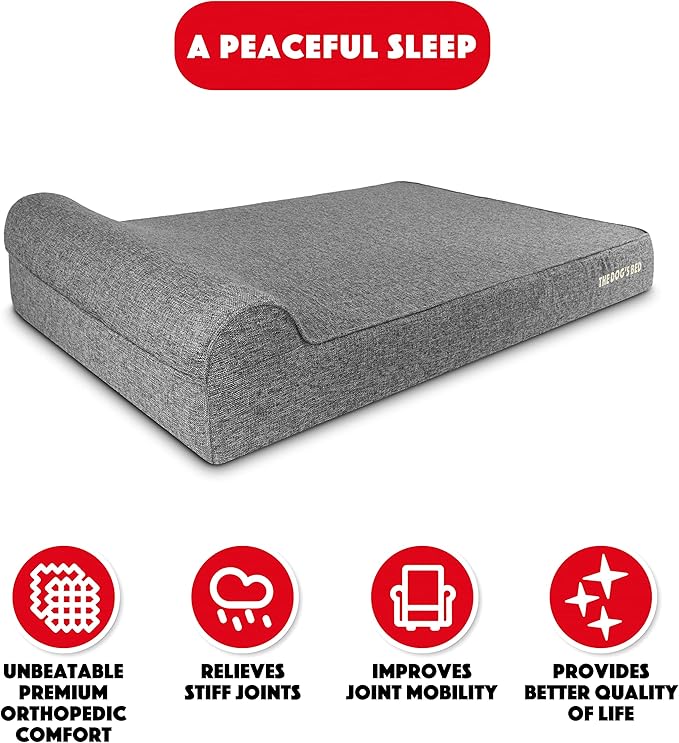 The Dog’s Bed Orthopedic Headrest Dog Bed XXL Grey Linen, Memory Foam, Pain Relief for Arthritis, Hip & Elbow Dysplasia, Post Surgery, Lameness, Waterproof Washable Cover