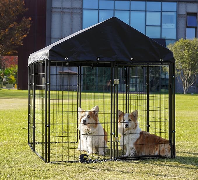 Large Outdoor Dog Enclosure,Heavy Duty Dog Cage with Roof,Galvanized Steel Dog Kennel Fence with Double Safety Locks(50"x48"x54")