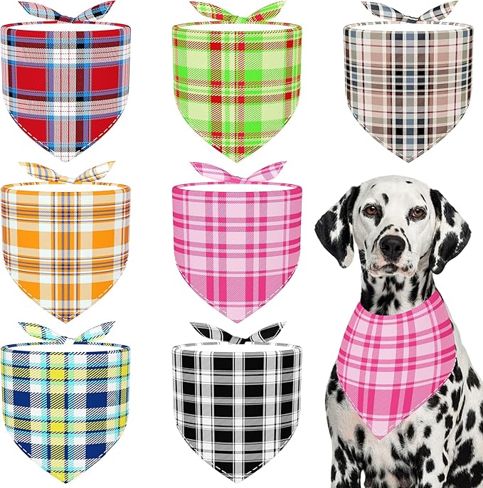 7 PCS Plaid Dog Bandanas for Large Dogs Breed Sewing Hemming Dog Bandana Print One Side XL Drool Bibs Party Grooming L