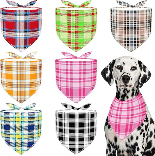 7 PCS Plaid Dog Bandanas for Large Dogs Breed Sewing Hemming Dog Bandana Print One Side XL Drool Bibs Party Grooming L