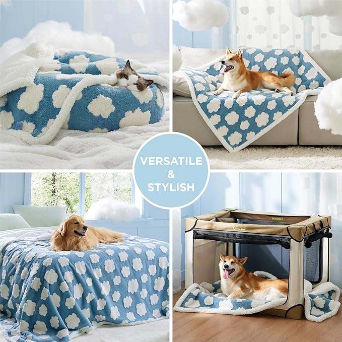 LE SURE Waterproof Dog Blanket for Large Dogs - Washable Double Sided Dog Blankets with Warm Jacquard Shag and Soft Sherpa Fleece, Pet Cat Blanket for Couch Protection, 3D Textured Cloud, Blue