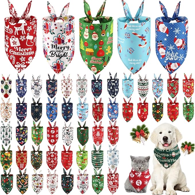 Abbylike 50 Pcs Christmas Dog Bandanas Bulk Pet Scarfs Triangle Bibs Adjustable Washable Puppy Kerchief Seasonal Pet Costume Accessories Grooming Supplies for Small Medium Large Dogs Cats