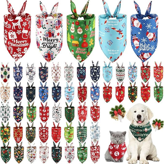 Abbylike 50 Pcs Christmas Dog Bandanas Bulk Pet Scarfs Triangle Bibs Adjustable Washable Puppy Kerchief Seasonal Pet Costume Accessories Grooming Supplies for Small Medium Large Dogs Cats
