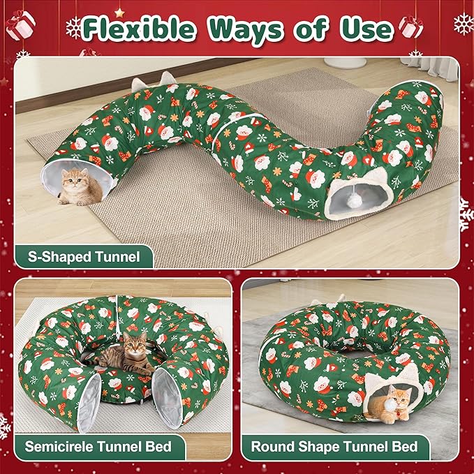 Christmas Cat Tunnel Bed in 3FT x 3FT x 10IN-Cute Cat Tube Christmas Tree Skirt with Ball,Foldable Round Pet Toy with Washable Mat for Keeping Indoor Cats Off Xmas Tree, Green