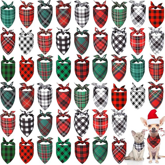 Sanwuta 50 Pieces Christmas Dog Bandanas Bulk, Classic Plaid Dog Bandanas, Triangle Scarf Plaid Kerchief for Small to Large Puppy Pet Cats(25.6 x 17.7 x 17.7 Inch)