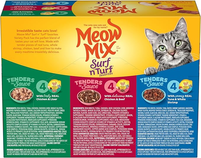 Meow Mix Tenders in Sauce Wet Cat Food, Surf 'N Turf Variety Pack, 2.75 Ounce Cup (Pack of 48)