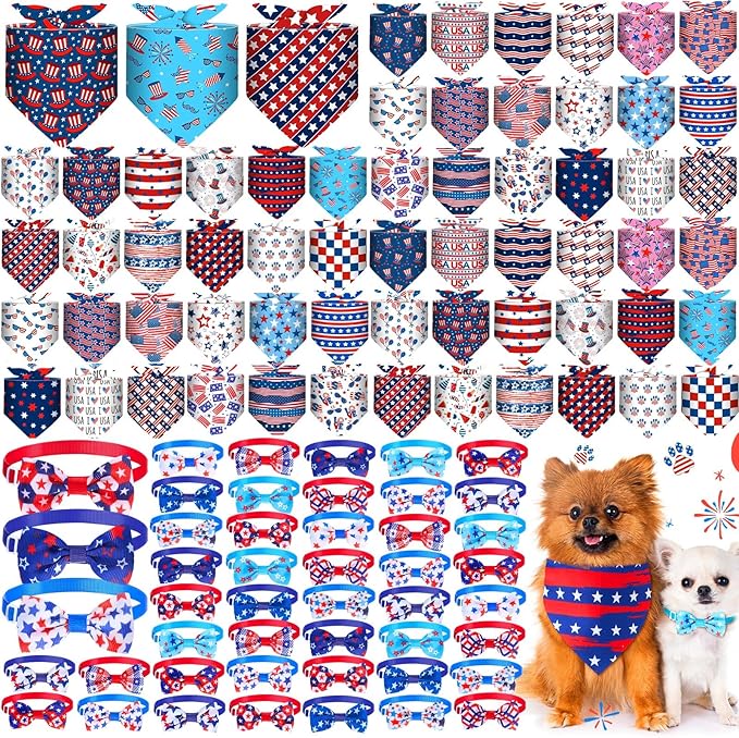 108 Pcs Veterans Patriotic Dog Bandanas Bulks Star Stripe Adjustable Bow Ties for Dogs USA Flag Bowknot Triangle Scarf Kerchief for Pet Cat 4th of July Memorial Grooming Outfit