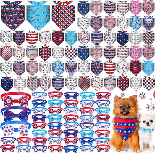 108 Pcs Veterans Patriotic Dog Bandanas Bulks Star Stripe Adjustable Bow Ties for Dogs USA Flag Bowknot Triangle Scarf Kerchief for Pet Cat 4th of July Memorial Grooming Outfit