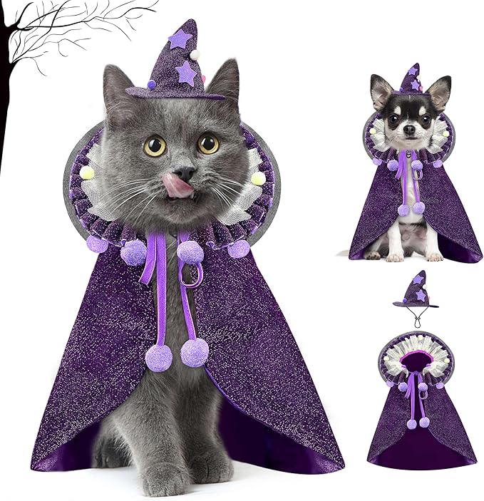 KOUPA Pet Halloween Costume with Hat, Dog Clothes Cosplay Wizard Cloak for Small Puppy Kitten Animal, Shiny Cat Outfit Suit for Party Holiday Christmas, Purple