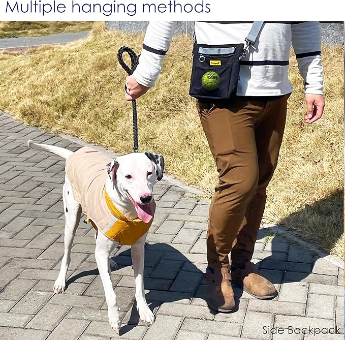 Dog Treat Pouch with Magnetic Closure 4-Cup Silicone Bag Fanny Pack Holder with Clicker 4 Ways to Wear Front Pocket Fits All Phones Ideal for Leash, Pet Walking and Training（Black）