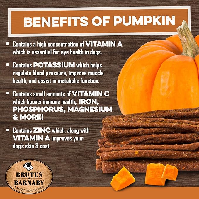 BRUTUS & BARNABY USA Sweet Potato Dog Treats - Grain Free, Pumpkin Bacon Crunchy Sticks - Great Tasting, Promotes Positive Dog Gut Health with Natural Anti-Diarrhea Properties, No Preservatives Added