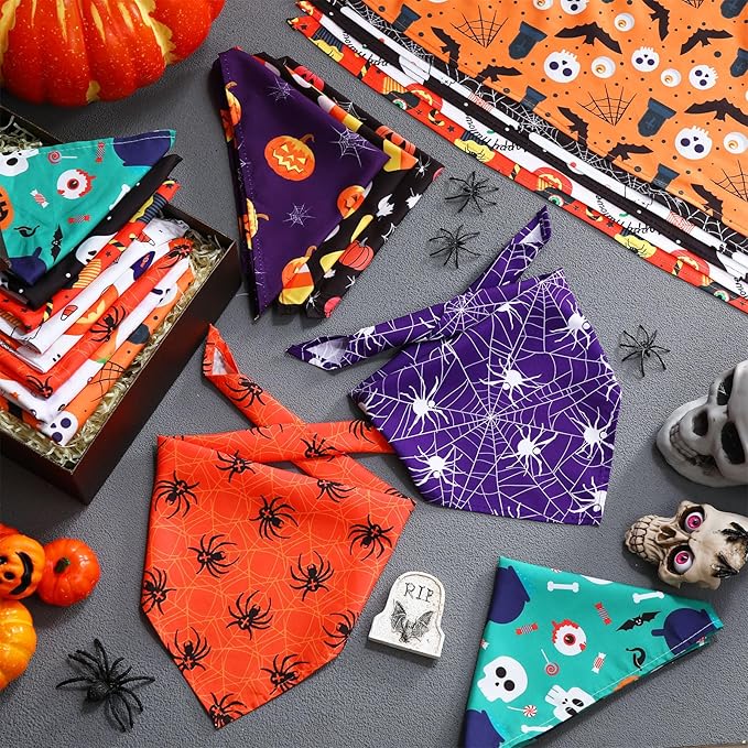 Sanwuta 100 Pcs Halloween Dog Bandanas Bulk Pumpkin Bat Spider Skull Pattern Dog Bandanas for Dogs Triangle Bibs Scarf for Small Medium Large Pet Christmas Costume Accessories(X-Large)