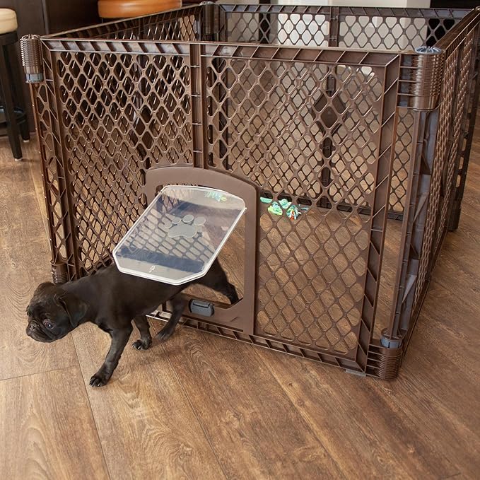 MyPet North States Petyard Passage: 4-Panel Folding Dog Playpen Indoor or Outdoor. 7 sq. ft. Puppy Playpen, Lockable Pet Door. Freestanding Play Pen Dog Gate. Made in USA. 26" Tall, Brown