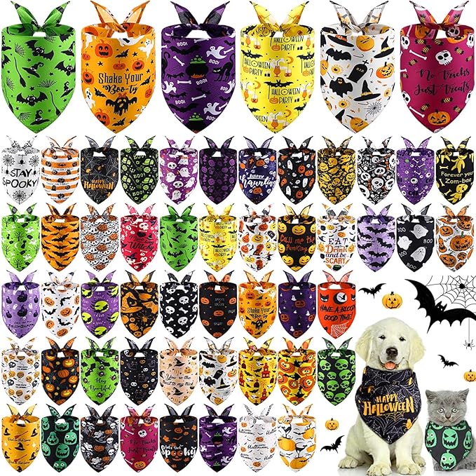Abbylike 50 Pcs Halloween Dog Bandanas Bulk Pet Scarfs Triangle Bibs Adjustable Washable Puppy Kerchief Seasonal Pet Costume Accessories Grooming Supplies for Small Medium Large Dogs Cats