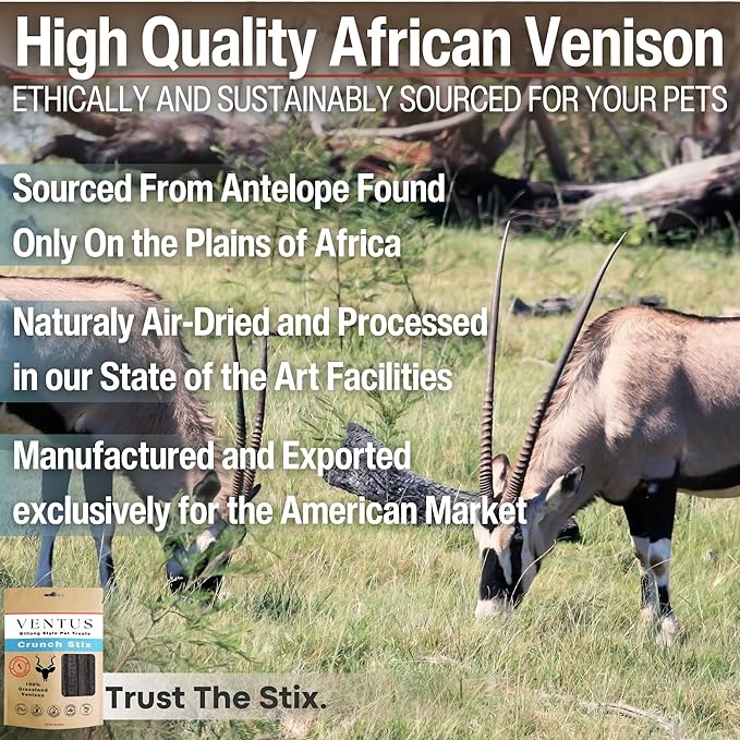 VENTUS Jerky Crunch Stix - Single Ingredient High Protein Dog Training Treats, Wild Venison, Air-Dried, Grain Free Training Treats for Dogs, 8 oz