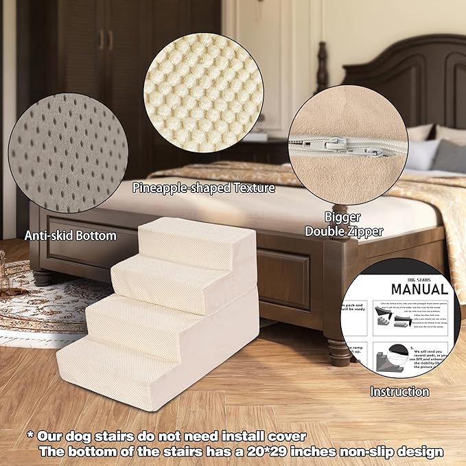 Dog Stairs for Medium Dogs, 20" W, 20" H, 4 Tiers Pet Steps with High-Density Foam and Removable Cover to Get on High Beds Couch,20×30×20inches, Beige