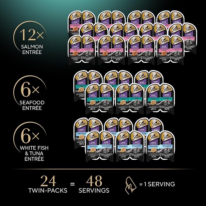 Sheba Perfect Portions Wet Cat Food Pate with Sustainable Salmon, Signature Seafood Entree, and Tender Whitefish and Tuna Entree Variety Pack, 2.6 oz. Twin Pack Trays (24 Count, 48 Servings)