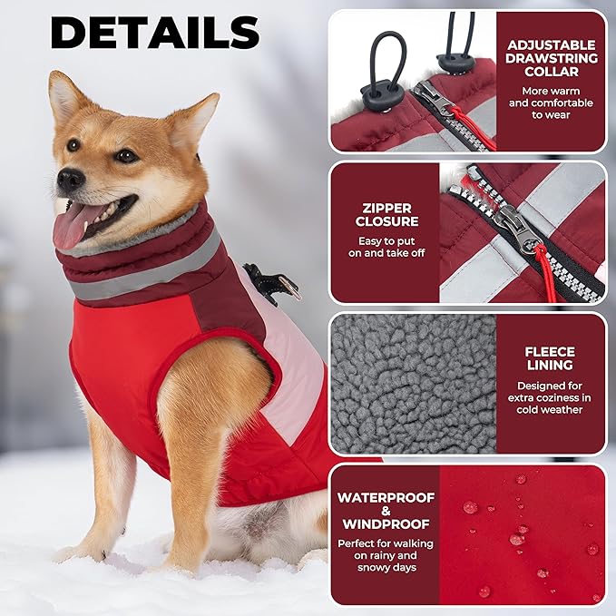 Dog Coat, Waterproof Dog Winter Coats for Small Dogs, Reflective Dogs Jacket with Harness Built in, Zip-up Cold Weather Coats Pet Vest Turtleneck Doggy Snowsuit, Red Medium