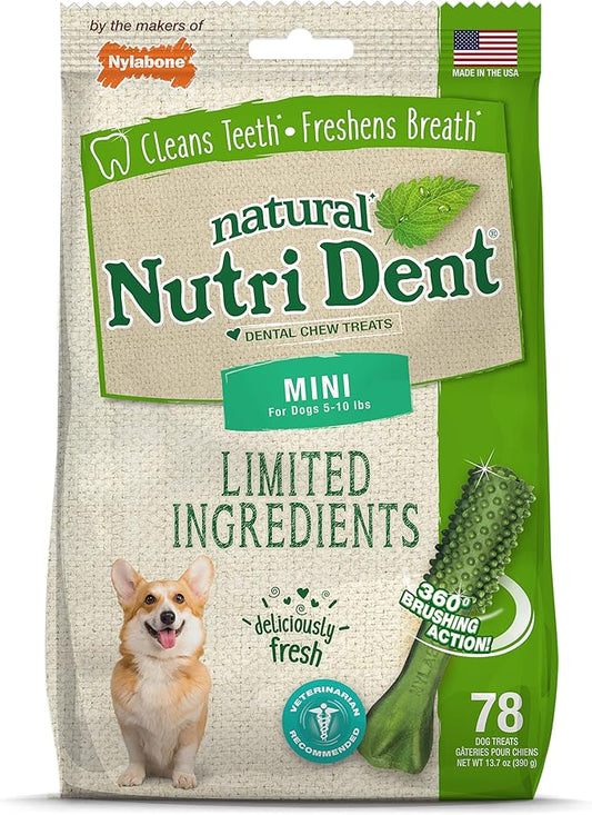 Nylabone Nutri Dent Natural Dental Chews for Dogs, Limited Ingredient Dog Treats Made in the USA, Clean Teeth & Fresh Breath, Healthy Dog Chews, Fresh Breath Flavor, For X-Small Dogs, (78 Count)
