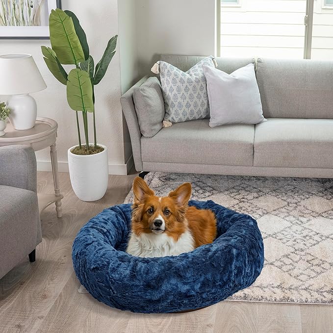 Best Friends by Sheri Original Calming Donut Dog and Cat Bed, Lux Faux Fur, Navy Blue, (30in x 30in) - Anxiety Relief for Pets Up to 45 lbs