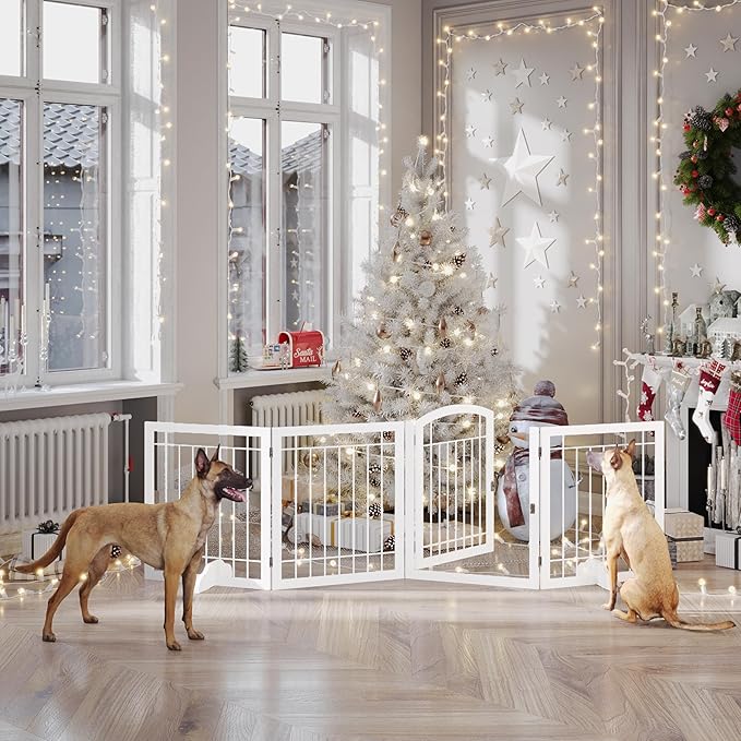 Vantas Folding Pet Gate 96" Wide, 30" Tall No-Assembly Metal Dog Gate, Freestanding Wire Pet Gate, Pet Puppy Safety Fence, Extra Wide with 2PCS Support - White