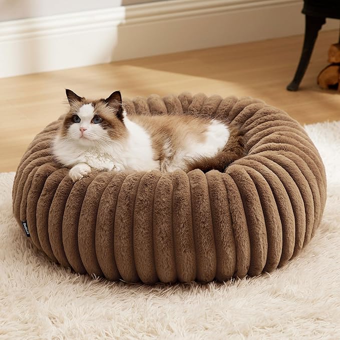 Bedsure Cat beds for Indoor Cats - Donut Dog Beds for Small Dogs with Corduroy Fleece & Anti Slip Bottom, Faux Fur Pet Beds with Washable Removable Cover, Camel Brown, 20x20x6 inches