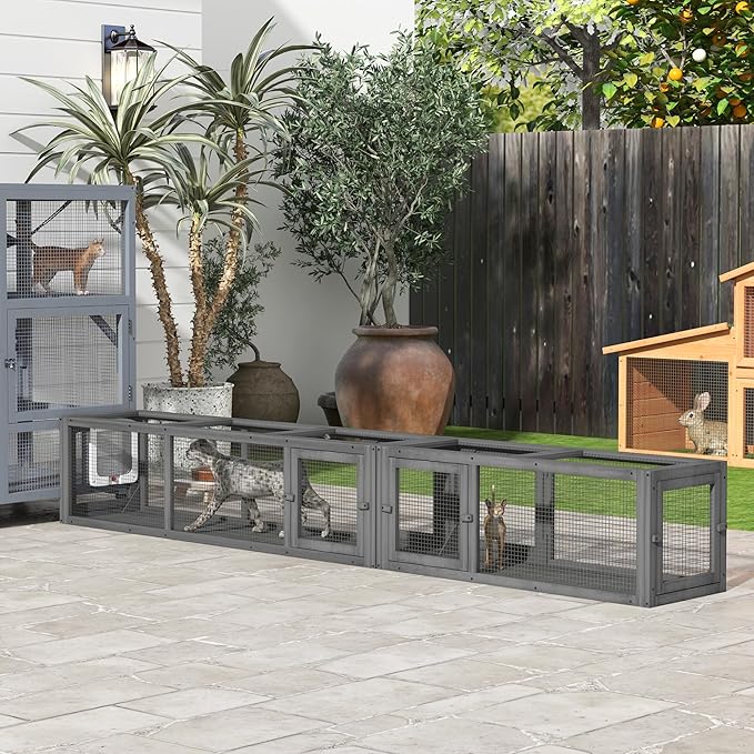 PawHut Cat Tunnel Outdoor, Wooden Cat Tube with Combinable Design, 8 Doors, 98" Cat Toys for Kitty, Puppy, Pet, House, Window, Cage, Dark Gray