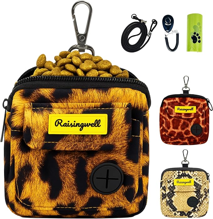 Dog Treat Pouch for Pet Walking and Training with Clicker Poop Bags and Double Bag Design Small Fanny Zipper Pack Holder for Puppy Snack Dispenser Kit for Leash and Outdoor Use Leopard Print