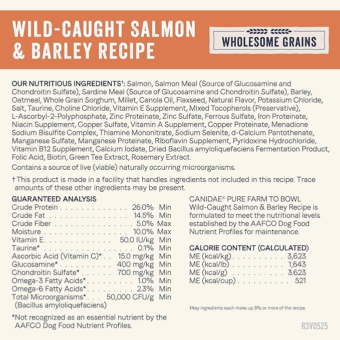 CANIDAE Pure Farm to Bowl Wild-Caught Salmon & Barley, Adult, Dry Dog Food, 22lb