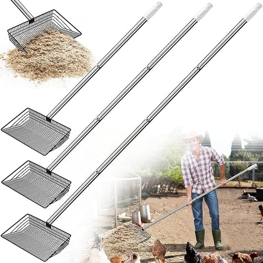 Jusoney 10" Stainless Steel Manure Scoop w/4-in-1 Adjustable Handle (35"-62"), Ergonomic Sifter Shovel for Chicken Coop, Cat Litter, Pet Waste Cleaning Tools