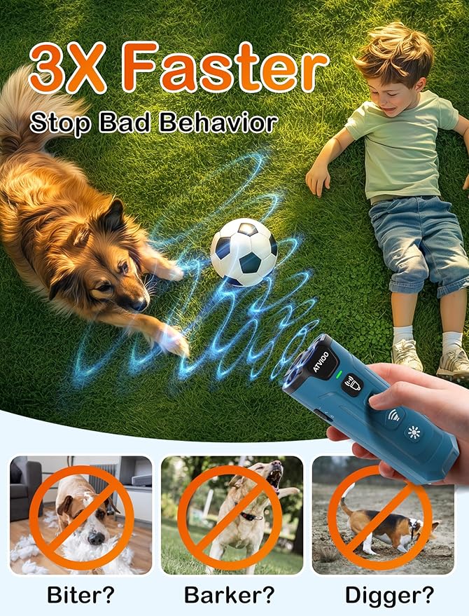 Dog Bark Deterrent Device - Ultrasonic Anti-Barking Devices with 3X Sonic Emitters, Up to 50FT Long Range & Rechargeable Bark Control - Safe for Dogs Training - Indoor & Outdoor (Blue)