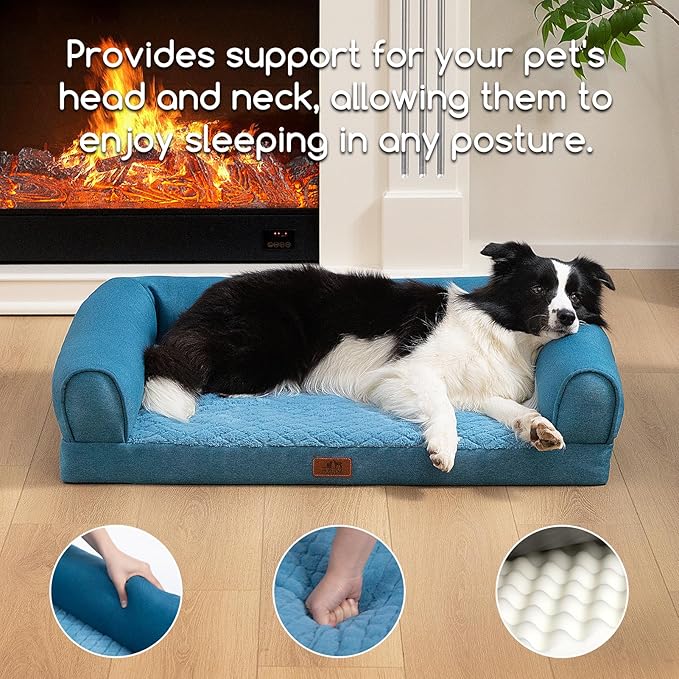 Hollypet Orthopedic Dog Bed for Large Dogs, Supportive Foam Pet Couch with Removable Washable Cover and Non-Slip Bottom, Waterproof Lining Dog Sofa Bed, Blue, L (36 * 26 * 8)