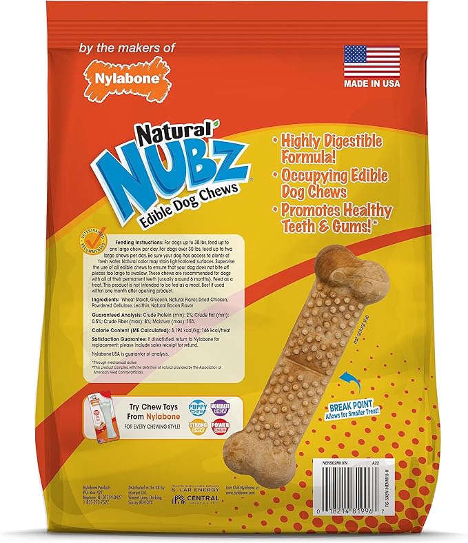 Nylabone Nubz Natural Dog Chew Treats for Large Dogs, Long Lasting Dog Bones Made in USA, Chicken Flavor Breath Freshener Dental Chews, For Dogs Up to 50 lbs. (18 Count)