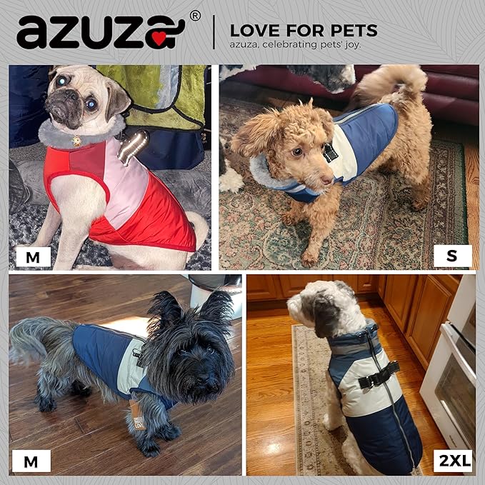 azuza Dog Jacket for Small Dogs Waterproof Dog Coat with Reflective Strips and Harness Built in Warm Fleece Dogs Winter Coat Windproof with Back Zipper, Navy M