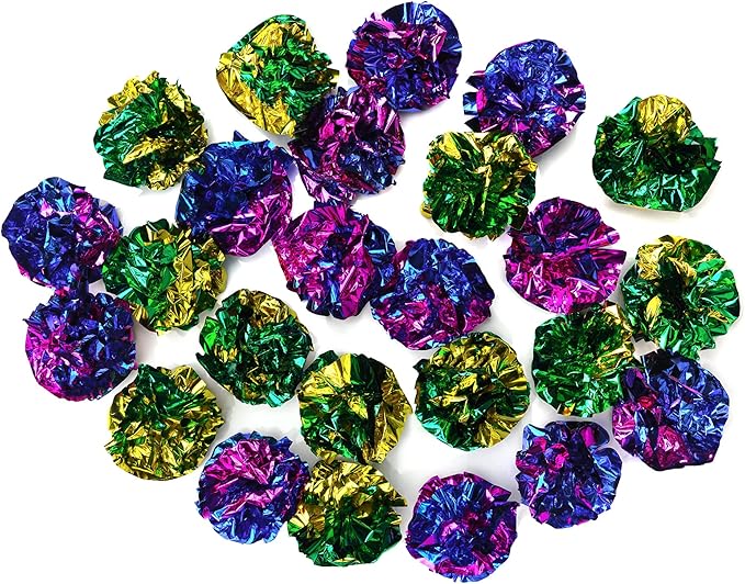 CHIWAVA 24PCS 1.6" Mylar Balls Shiny Crinkle Cat Toys Ball Kitten Crackle Lightweight Play Assorted Color