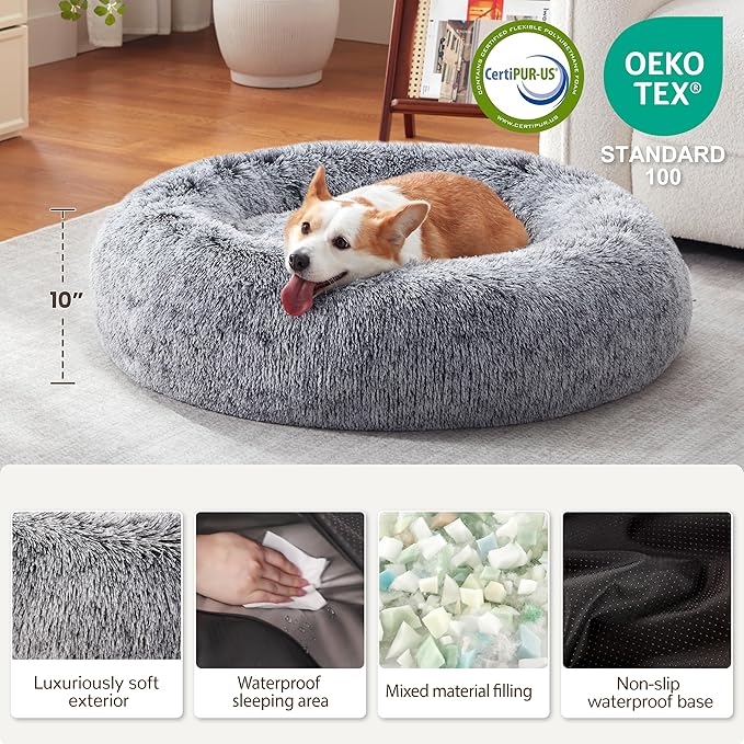 Calming Dog Bed - Donut Washable Large Size Round Pet Bed for Dogs and Cats, 36 inches Anti-Slip Fluffy Faux Fur Plush Cat Bed, Anti-Anxiety Cushion with Anti-Slip Bottom