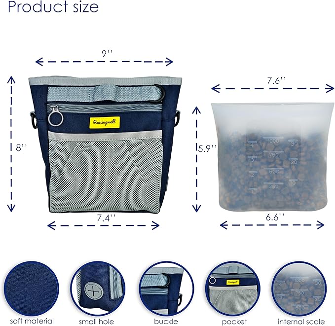 Dog Treat Pouch with Magnetic Closure 4-Cup Silicone Bag Fanny Pack Holder with Clicker 4 Ways to Wear Front Pocket Fits All Phones Ideal for Leash, Pet Walking and Training（Blue）