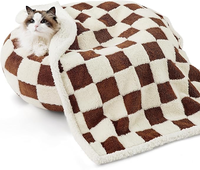 Lesure Waterproof Puppy Blanket for Small Dogs - Washable Double Sided Dog Blankets with Warm Jacquard Shag and Soft Sherpa Fleece, Pet Cat Blanket for Couch Protection, 3D Textured Checks, Brown