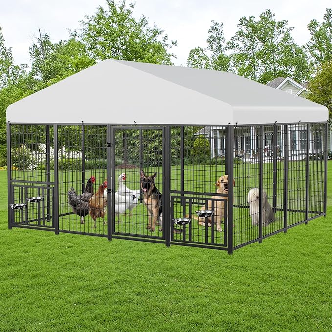 ROOMTEC Large Dog Kennel Outdoor Pet Pens Dogs Run with 4 Bowls (10' L x 10' W x 6.5'H)