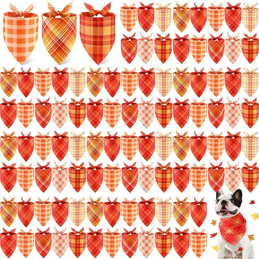 100 Pieces Thanksgiving Fall Dog Bandanas Bulk Plaid Bandanas for Dogs Autumn Soft Triangle Kerchief Bibs Adjustable Triangle Doggie for Small Medium Large Pets Party Costume