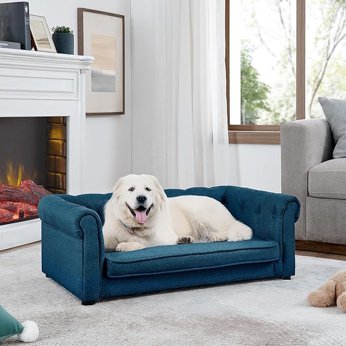 Dog Sofa Couch for Medium Dogs, 31" Memory Foam Dog Couch with Washable Fabric, Removable Cushion, Sofa Bed for Medium Dogs, Blue