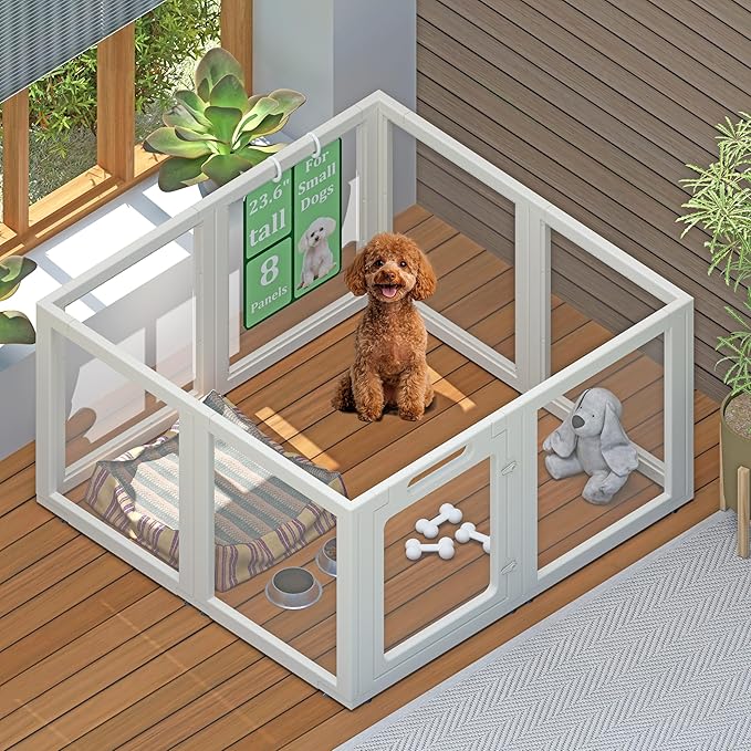 Transparent Indoor Dog Playpen with Safety Lock, Indoor Dog Fence for Small & Medium Pets | Secure, Stylish, Easy Clean Play Pen for Dogs & Pets with Scratch Resistant Panels (White, 8 Panel)