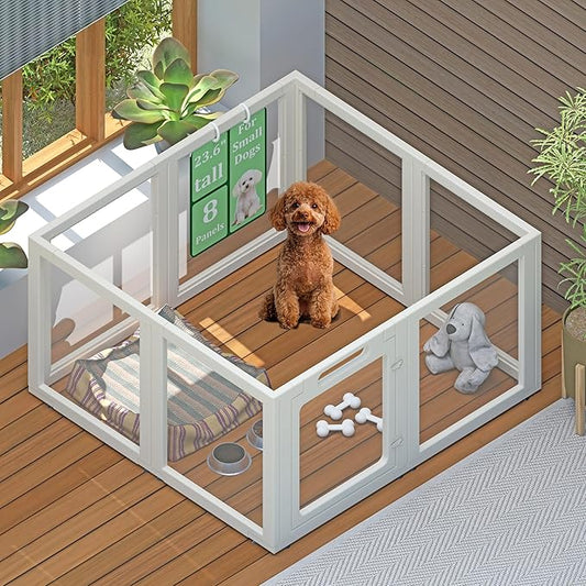 Transparent Indoor Dog Playpen with Safety Lock, Indoor Dog Fence for Small & Medium Pets | Secure, Stylish, Easy Clean Play Pen for Dogs & Pets with Scratch Resistant Panels (White, 8 Panel)