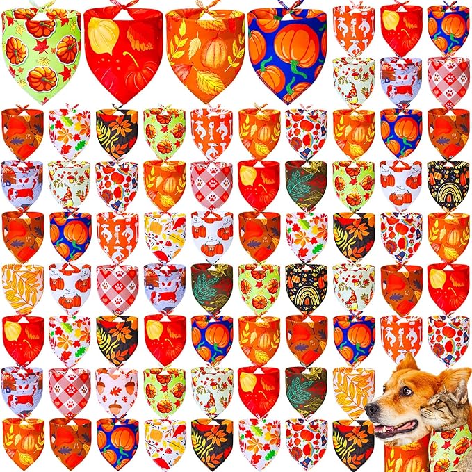 100 Pcs Fall Dog Bandanas Bulk Autumn Thanksgiving Day Dog Bandanas Adjustable Pumpkin Maple Leaves Pattern Pet Bibs Triangle Fall Thanksgiving Scarf Costume for Small Medium Pet Puppy