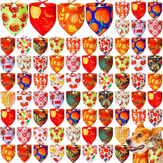 100 Pcs Fall Dog Bandanas Bulk Autumn Thanksgiving Day Dog Bandanas Adjustable Pumpkin Maple Leaves Pattern Pet Bibs Triangle Fall Thanksgiving Scarf Costume for Small Medium Pet Puppy