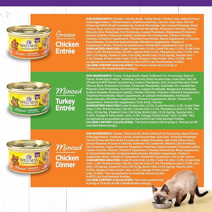 Wellness Complete Health Gravy and Minced Adult Wet Cat Food, Natural, Protein-Rich, Grain-Free, 3 Ounce, 12 Pack, (Chicken & Turkey Lovers Variety Pack)